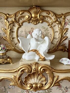 Porcelain Cherub Playing Harp Swathed in Gold Rococo Vintage